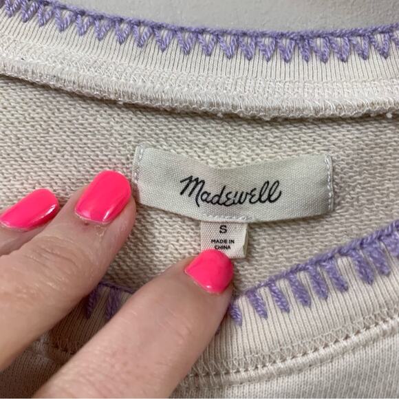 Madewell Cream Embroidered Blanket Stitched Shrunken Sweatshirt Size Small - Picture 3 of 8